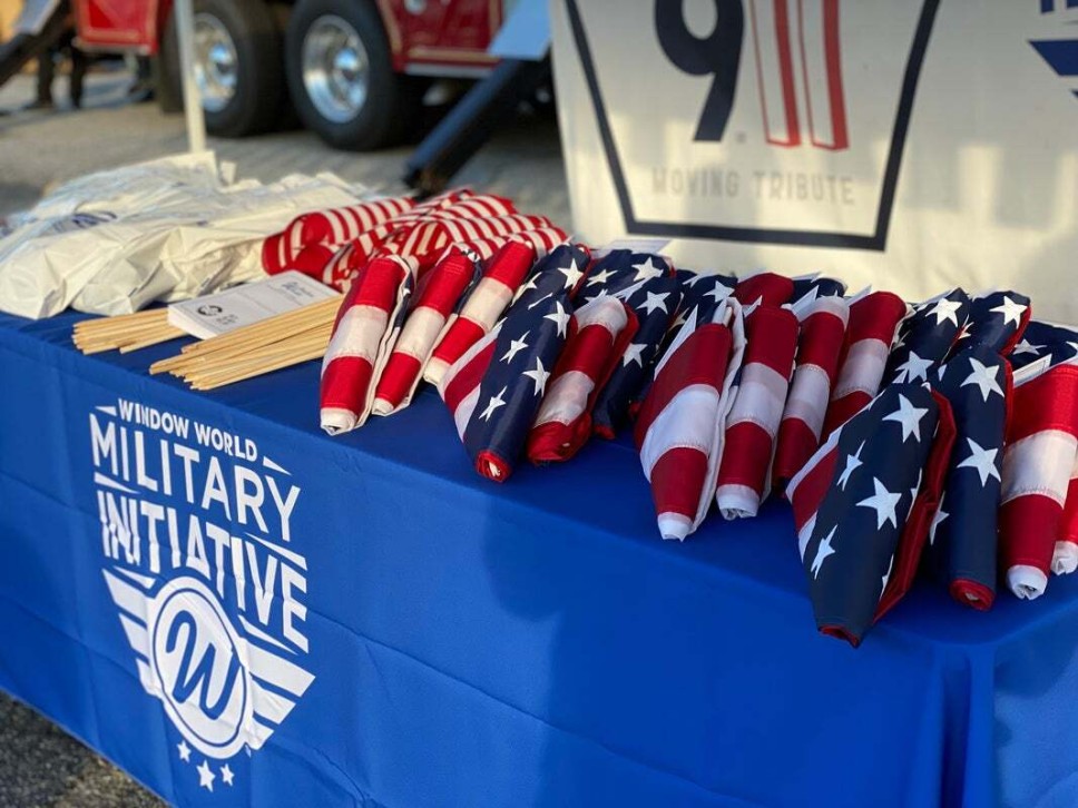 Window World table with American Flags folded on top of it