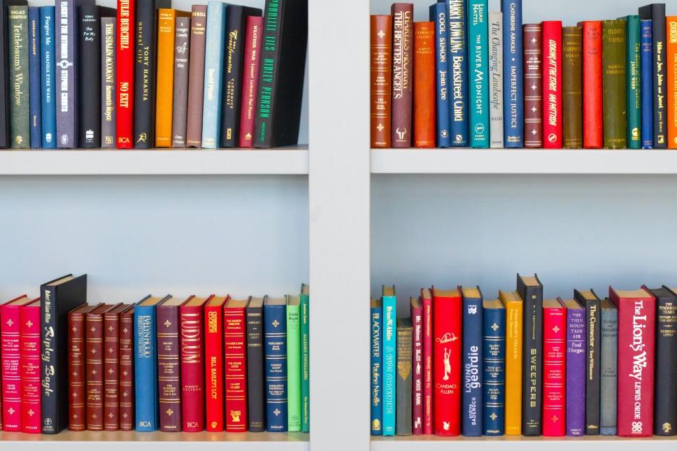 Colorful library books in a home library
